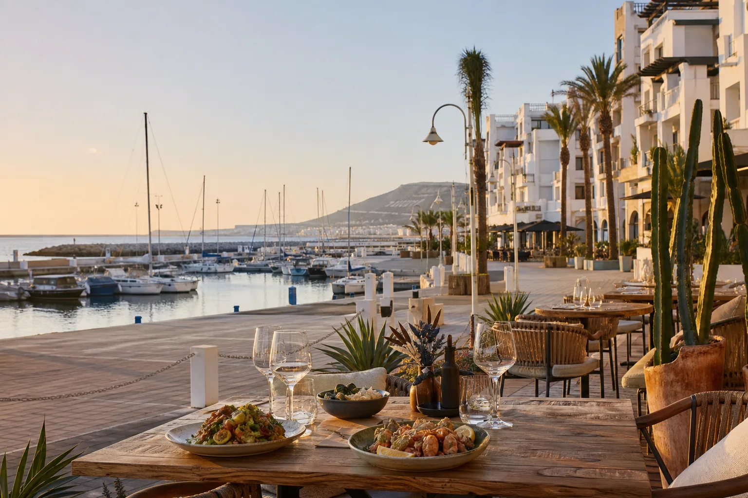 Agadir Marina restaurants guide with waterfront terrace and boats