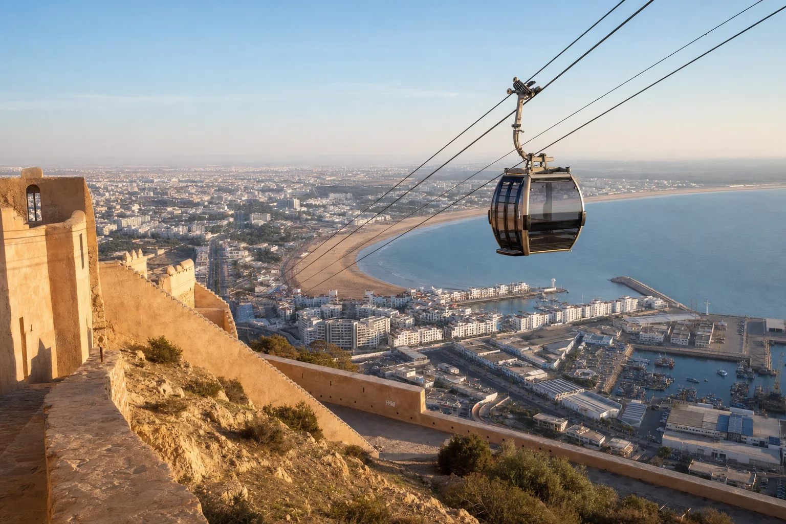 Agadir Oufella cable car guide with the Kasbah, bay, Marina and city panorama