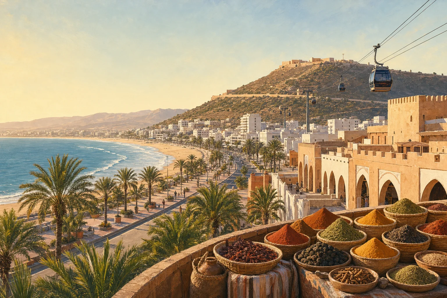 Things to do in Agadir guide with beach, Oufella cable car and market illustration